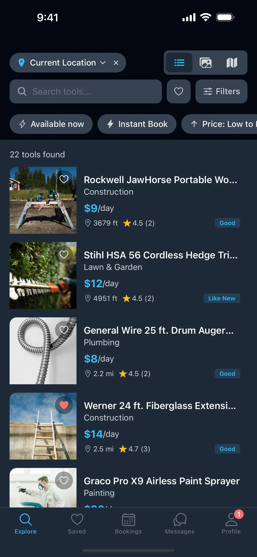 The ToolShed app showing tools for rent nearby, with photos, daily rates and distance.