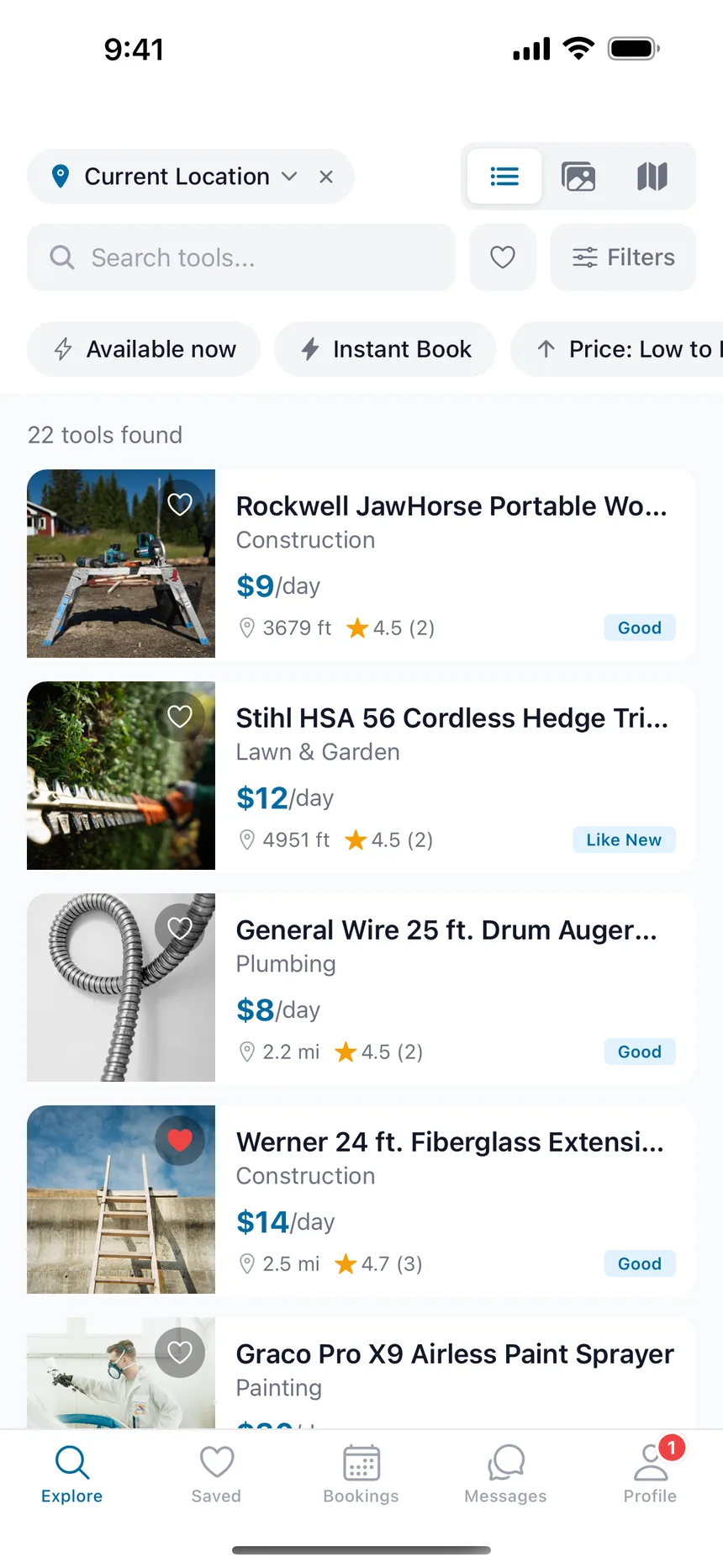 The ToolShed app showing tools for rent nearby, with photos, daily rates and distance.