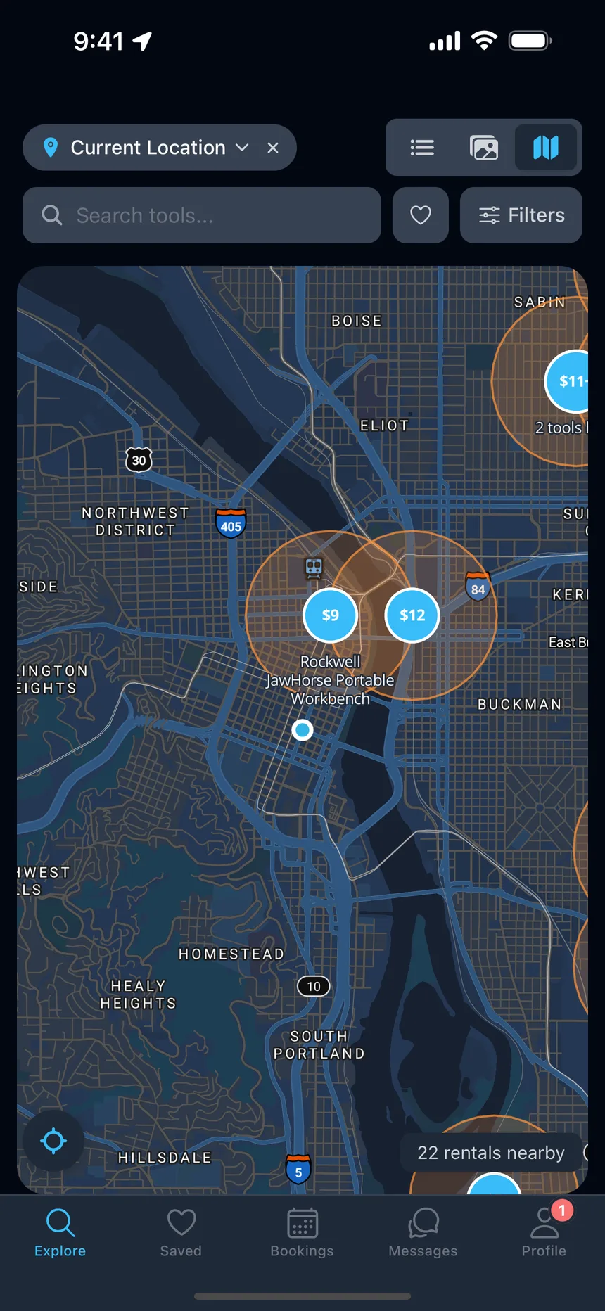 The ToolShed app showing a map of nearby tools with their daily rates.