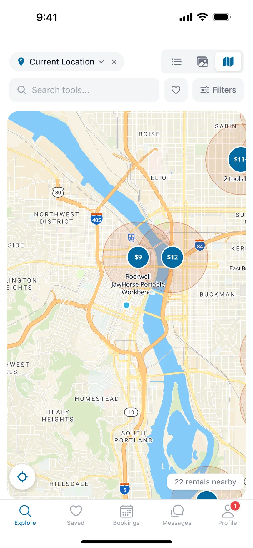 The ToolShed app showing a map of nearby tools with their daily rates.