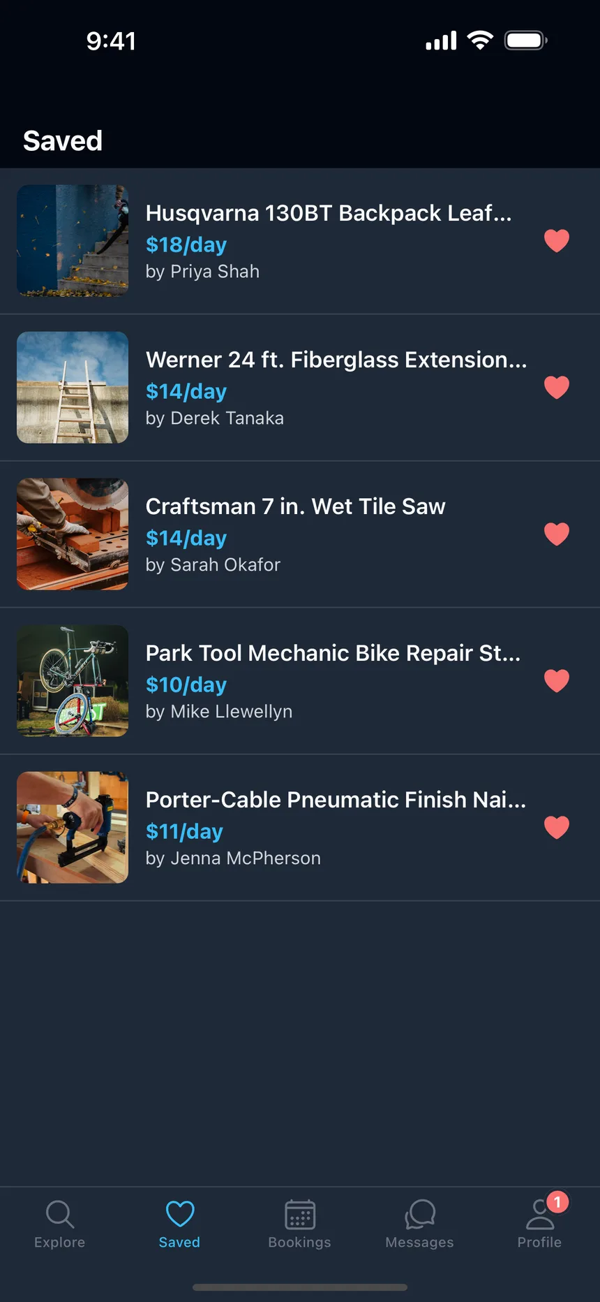 The Saved list in the ToolShed app, showing kept tools with their daily rates and owners.