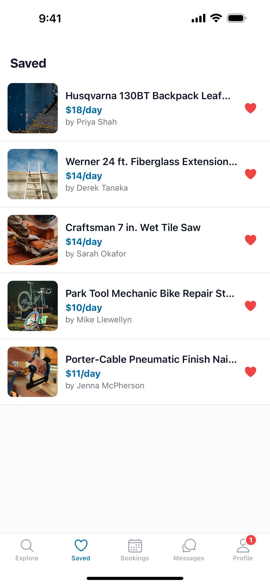 The Saved list in the ToolShed app, showing kept tools with their daily rates and owners.